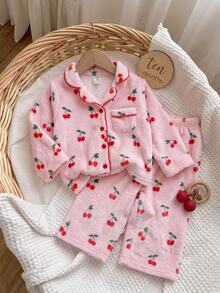 SHEIN 可愛粉色毛絨女嬰幼兒圖案家居服套裝 - 粉色 - 查看 2