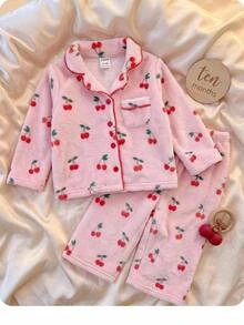 SHEIN 可愛粉色毛絨女嬰幼兒圖案家居服套裝 - 粉色 - 查看 1
