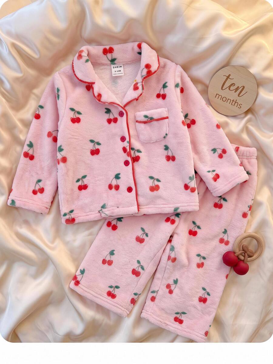 SHEIN 可愛粉色毛絨女嬰幼兒圖案家居服套裝 - 粉色 - 查看 1