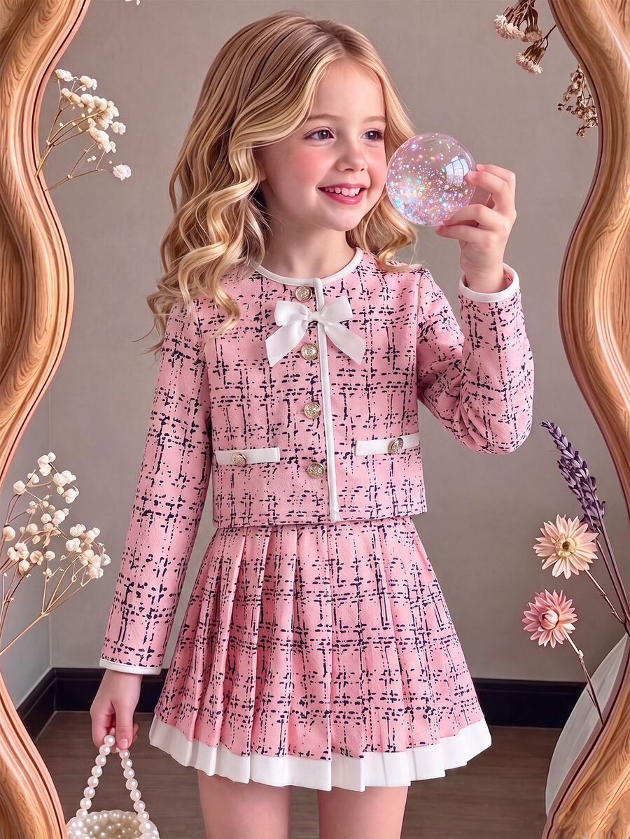 少女優雅通勤圓領撞色蝴蝶結夾克與裙子套裝 - 粉色 - 查看 1
