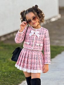 少女優雅通勤圓領撞色蝴蝶結夾克與裙子套裝 - 粉色 - 查看 3