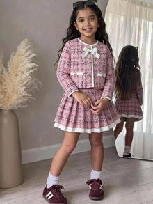 少女優雅通勤圓領撞色蝴蝶結夾克與裙子套裝 - 粉色 - 查看 2
