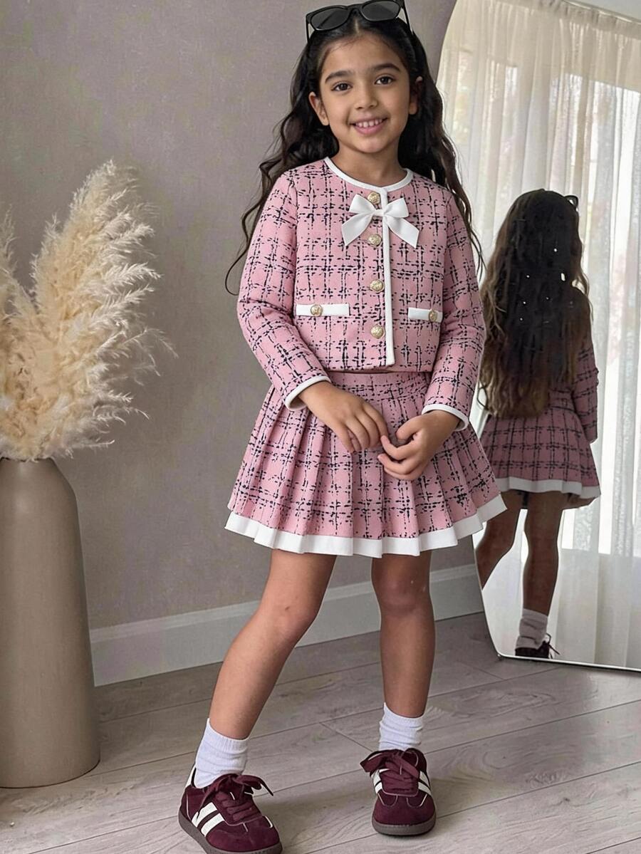 Young Girls Elegant Commute Round Neck Contrast Color Bow Jacket And Skirt Set - Pink - View 1
