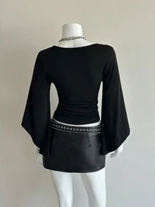Bitrose Deep V-Neck Printed Sexy Goth Mid-Length Sleeve Fitted T-Shirt Night Out Black Autumn - Black - View 2