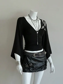 Bitrose Deep V-Neck Printed Sexy Goth Mid-Length Sleeve Fitted T-Shirt Night Out Black Autumn - Black - View 7