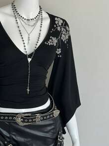Bitrose Deep V-Neck Printed Sexy Goth Mid-Length Sleeve Fitted T-Shirt Night Out Black Autumn - Black - View 6