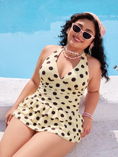 Swim Mod Conjunto de Bikini de 3 Piezas para Mujer Talla Grande, Estilo Dulce y Lindo Minimalista para Vacaciones en la Playa, Base Amarilla con Estampado Aleatorio de Lunares Marrones, Cuello Halter con Lazo, Escote en V y Falda