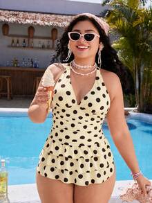 Swim Mod Plus Size Women's Sweet Cute Minimalist Beach Vacation Yellow Base Brown Polka Dot Random Print Halter Neck Tie V-Neck Skirt 3pcs Tank Bikini Set - Yellow - View 1