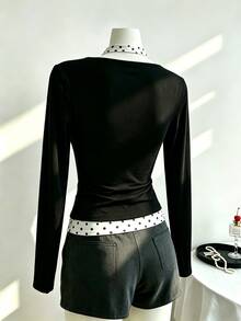 SuriyaCove Autumn Y2K Black Polka Dot V‑Neck 2 In 1 Slim Fit Long Sleeve Top, Basic Style Back‑To‑School - Multicolor - View 2