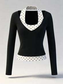 SuriyaCove Autumn Y2K Black Polka Dot V‑Neck 2 In 1 Slim Fit Long Sleeve Top, Basic Style Back‑To‑School - Multicolor - View 6