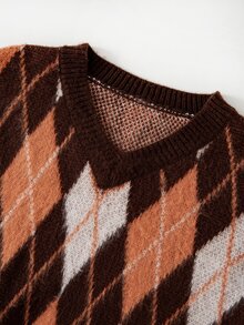 SHEIN Clasi Plus Size Autumn/Winter Retro Plaid Pattern V-Neck Pullover Sweater - Multicolor - View 6