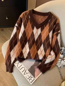 SHEIN Clasi Plus Size Autumn/Winter Retro Plaid Pattern V-Neck Pullover Sweater - Multicolor - View 10