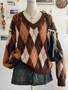 SHEIN Clasi Plus Size Autumn/Winter Retro Plaid Pattern V-Neck Pullover Sweater - Multicolor - View 8