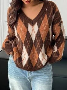 SHEIN Clasi Plus Size Autumn/Winter Retro Plaid Pattern V-Neck Pullover Sweater - Multicolor - View 9