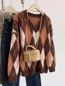 SHEIN Clasi Plus Size Autumn/Winter Retro Plaid Pattern V-Neck Pullover Sweater - Multicolor - View 1