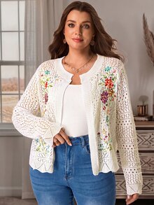 EMERY ROSE Plus Size Autumn Casual Boho Celestial Elegant Floral Embroidered Hollow Knit Cardigan, Fall Winter 2026 Party Evening Vacation Formal All White - Apricot - View 4