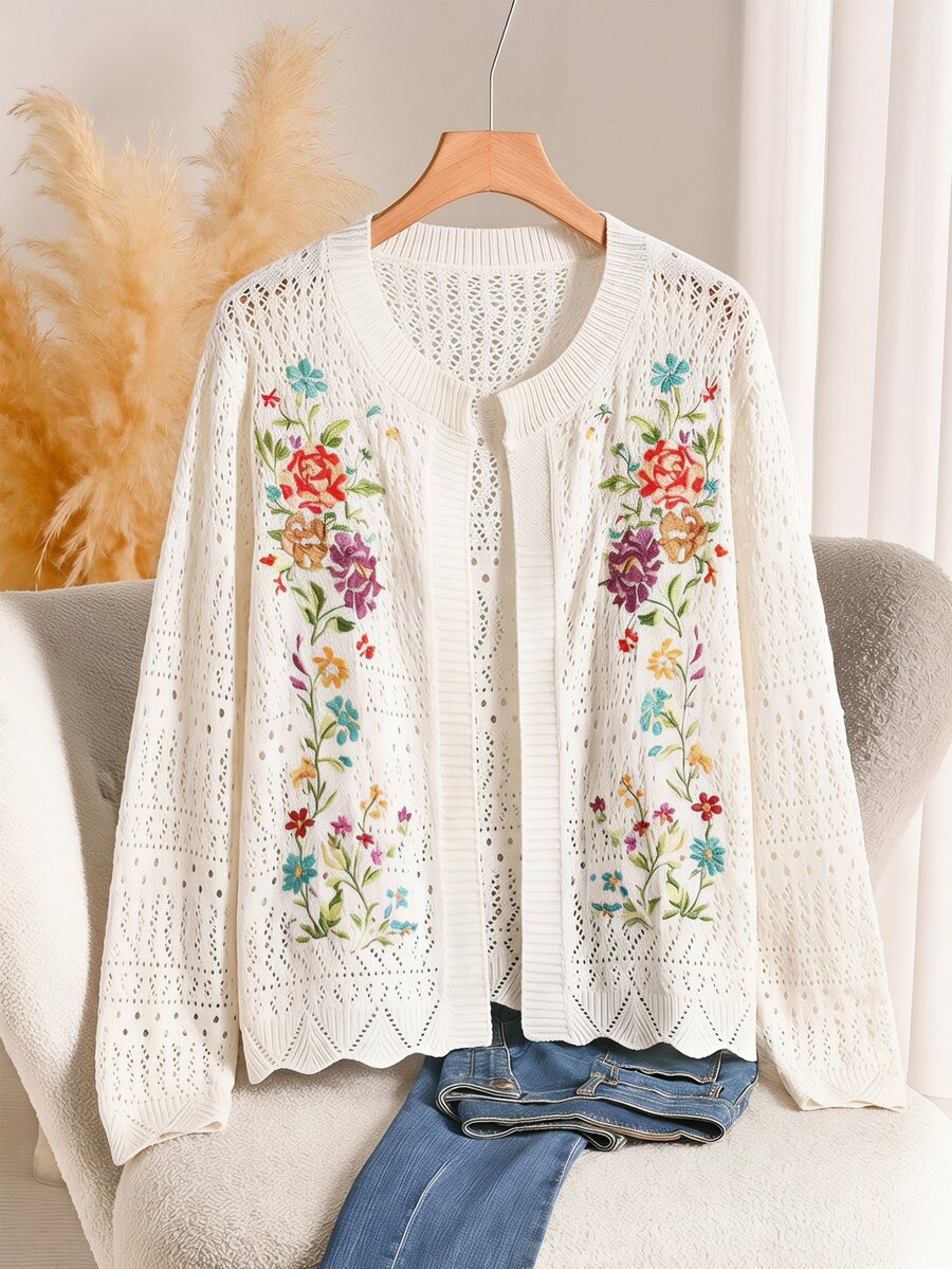 EMERY ROSE Plus Size Autumn Casual Boho Celestial Elegant Floral Embroidered Hollow Knit Cardigan, Fall Winter 2026 Party Evening Vacation Formal All White - Apricot - View 1