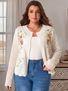 EMERY ROSE Plus Size Autumn Casual Boho Celestial Elegant Floral Embroidered Hollow Knit Cardigan, Fall Winter 2026 Party Evening Vacation Formal All White - Apricot - View 2