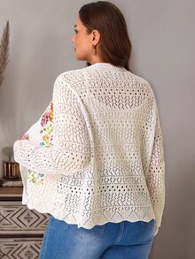 EMERY ROSE Plus Size Autumn Casual Boho Celestial Elegant Floral Embroidered Hollow Knit Cardigan, Fall Winter 2026 Party Evening Vacation Formal All White - Apricot - View 3