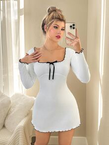 SHEIN ICON Y2K可愛長袖對比飾邊休閒白色方領蝴蝶結洋裝秋季服飾 - 白色 - 查看 7