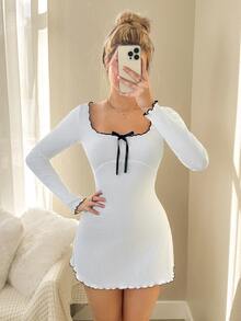 SHEIN ICON Y2K可愛長袖對比飾邊休閒白色方領蝴蝶結洋裝秋季服飾 - 白色 - 查看 5