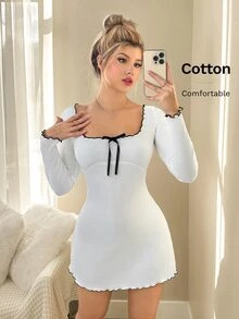 SHEIN ICON Y2K可愛長袖對比飾邊休閒白色方領蝴蝶結洋裝秋季服飾 - 白色 - 查看 3