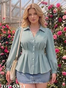 SHEIN MOD Damen Große Größen Elegante Gestreifte Langarm Bluse, Slim Fit Taillengürtel Puffärmel Bluse, Geeignet für Frauen, Vorteilhafte Figur und Elegant, Büro, Lässig - Grün - Übersicht 6