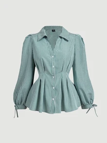 SHEIN MOD Damen Große Größen Elegante Gestreifte Langarm Bluse, Slim Fit Taillengürtel Puffärmel Bluse, Geeignet für Frauen, Vorteilhafte Figur und Elegant, Büro, Lässig - Grün - Übersicht 2