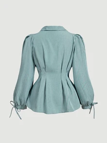 SHEIN MOD Damen Große Größen Elegante Gestreifte Langarm Bluse, Slim Fit Taillengürtel Puffärmel Bluse, Geeignet für Frauen, Vorteilhafte Figur und Elegant, Büro, Lässig - Grün - Übersicht 3