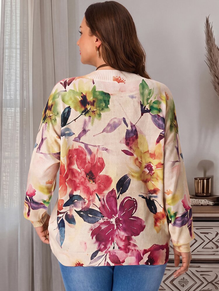 EMERY ROSE Plus Size Women's Floral Pattern V-Neck Long Sleeve Matching Traditional Elegant Sweater Family Morning Formal Vacation Evening Beige Fall - Apricot - View 3