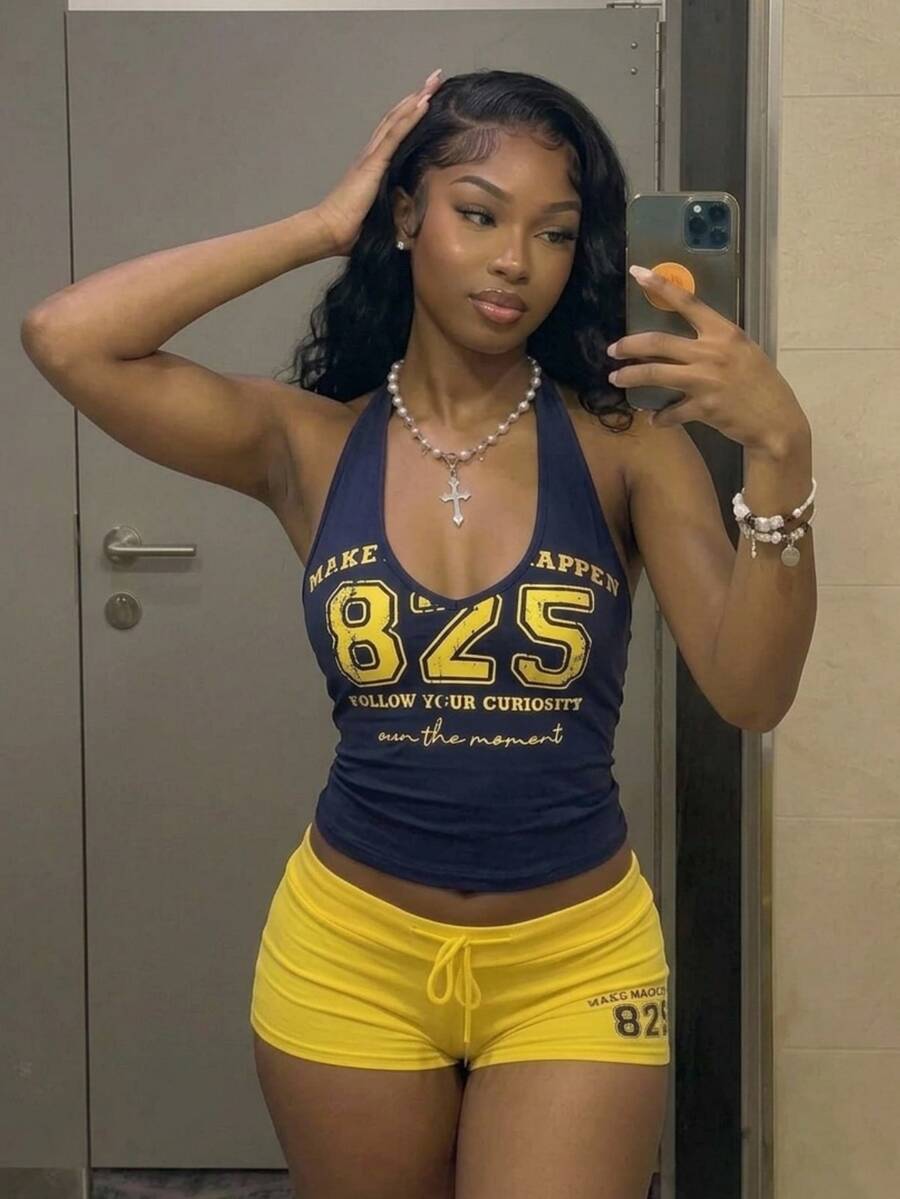 Fiercella Fiercella Women's Spring/Summer 2 Pieces Set Navy Blue Black And Yellow Tank Top Shorts Spaghetti Strap Camisole Top With English Letter Print, Gym - Navy Blue - View 1