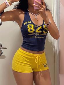 Fiercella Fiercella Women's Spring/Summer 2 Pieces Set Navy Blue Black And Yellow Tank Top Shorts Spaghetti Strap Camisole Top With English Letter Print, Gym - Navy Blue - View 7