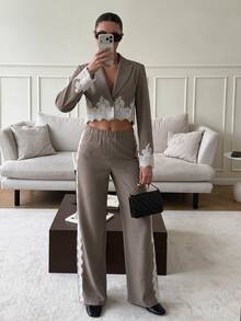 Siren Gaze Women's Short Lace Patchwork Blazer And Pants Set - Khaki - View 2