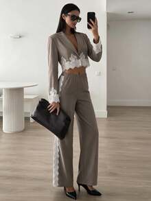 Siren Gaze Women's Short Lace Patchwork Blazer And Pants Set - Khaki - View 4