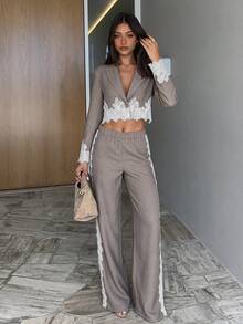 Siren Gaze Women's Short Lace Patchwork Blazer And Pants Set - Khaki - View 3