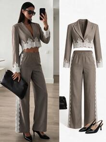 Siren Gaze Women's Short Lace Patchwork Blazer And Pants Set - Khaki - View 1