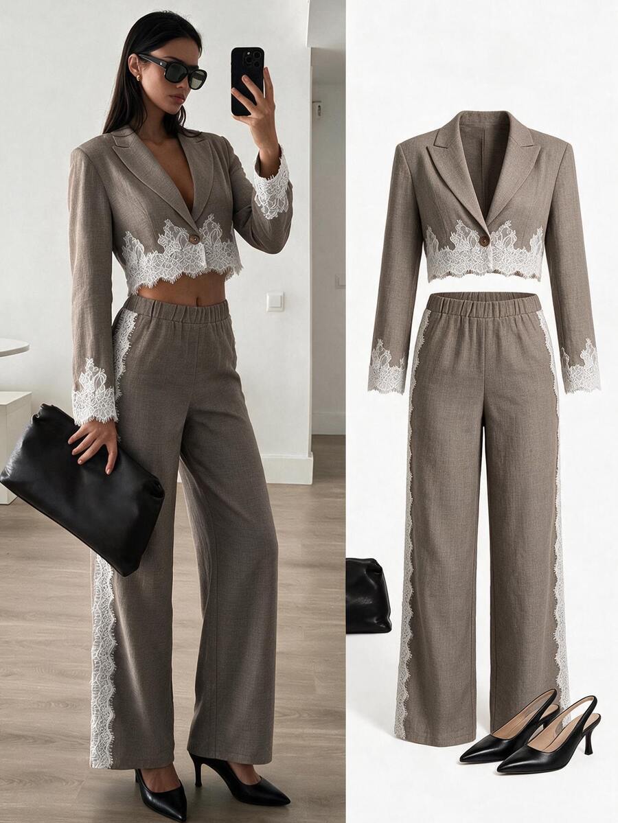 Siren Gaze Women's Short Lace Patchwork Blazer And Pants Set - Khaki - View 1