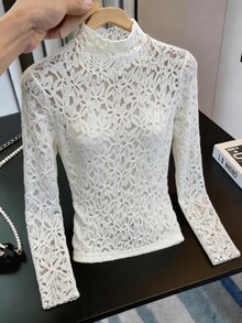 Breezaya 2026New Lace Mock Neck Layering Sheer Mesh Long Sleeve Undershirt For Women,Lace Long Sleeve Layerin - White - View 3
