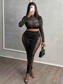 Veslaya 大码女式性感透明紧身裤 - 黑色 - 查看 3