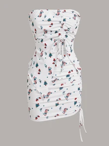 SHEIN ICON 2pcs Christmas Pattern Bandeau Top And Drawstring Waist Mini Skirt Suit, Holiday Outfit - Multicolor - View 3