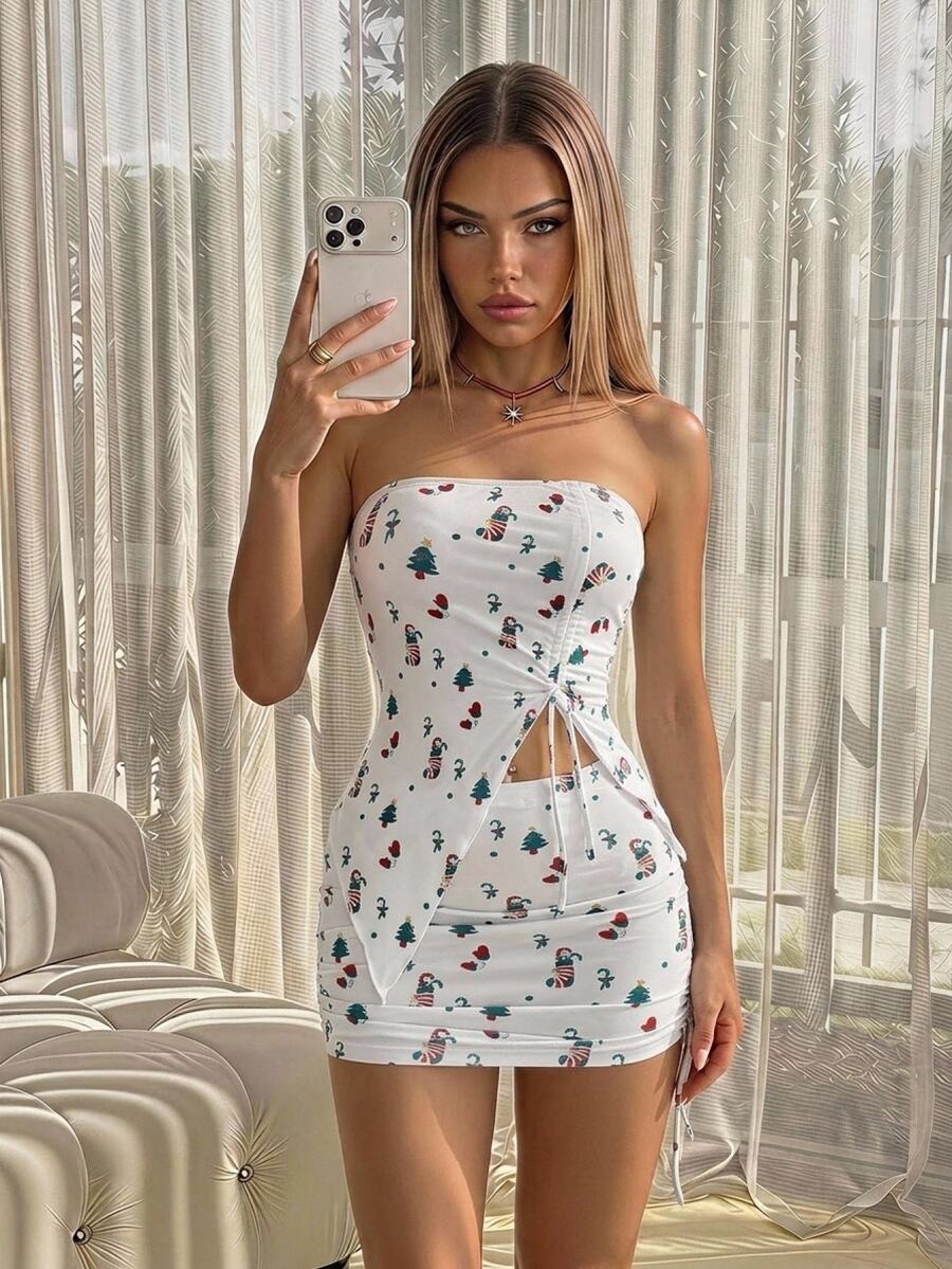 SHEIN ICON 2pcs Christmas Pattern Bandeau Top And Drawstring Waist Mini Skirt Suit, Holiday Outfit - Multicolor - View 1