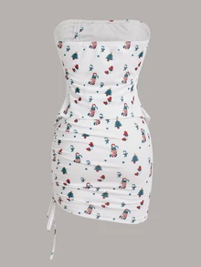 SHEIN ICON 2pcs Christmas Pattern Bandeau Top And Drawstring Waist Mini Skirt Suit, Holiday Outfit - Multicolor - View 2