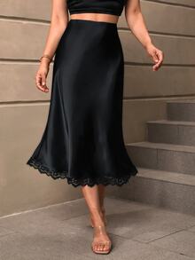 SHEIN LUNE Casual Elegant Sexy Women's Autumn/Winter Satin Lace Trim Skirt Date Going Out Black Fall Clothes For Women Women Fall Winter Skirt Work Outfits - Black - View 1