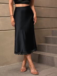 SHEIN LUNE Casual Elegant Sexy Women's Autumn/Winter Satin Lace Trim Skirt Date Going Out Black Fall Clothes For Women Women Fall Winter Skirt Work Outfits - Black - View 8