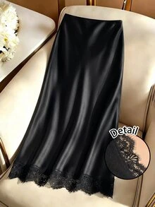 SHEIN LUNE Casual Elegant Sexy Women's Autumn/Winter Satin Lace Trim Skirt Date Going Out Black Fall Clothes For Women Women Fall Winter Skirt Work Outfits - Black - View 3