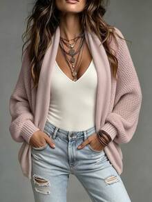 SHEIN Women's Solid Color Batwing Sleeve Long Sleeve Cardigan Fall Winter Cloth For Women - Pink - View 3