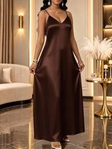 SHEIN Lady Plus Size Women's Solid Color Elegant Spaghetti Strap Dress - Brown - View 4