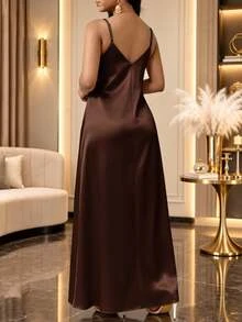 SHEIN Lady Plus Size Women's Solid Color Elegant Spaghetti Strap Dress - Brown - View 3