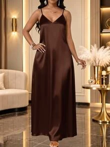 SHEIN Lady Plus Size Women's Solid Color Elegant Spaghetti Strap Dress - Brown - View 5