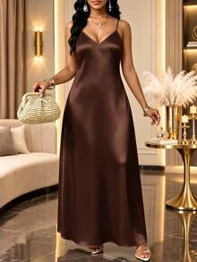 SHEIN Lady Plus Size Women's Solid Color Elegant Spaghetti Strap Dress - Brown - View 1